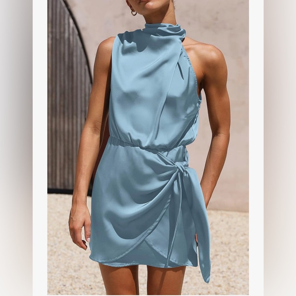 PrettyGarden One Shoulder Light Blue Satin Dress - Picture 2 of 12